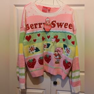 Strawberry Shortcake Berry Sweet Women's  Pullover Knit Sweater Pink & Green New